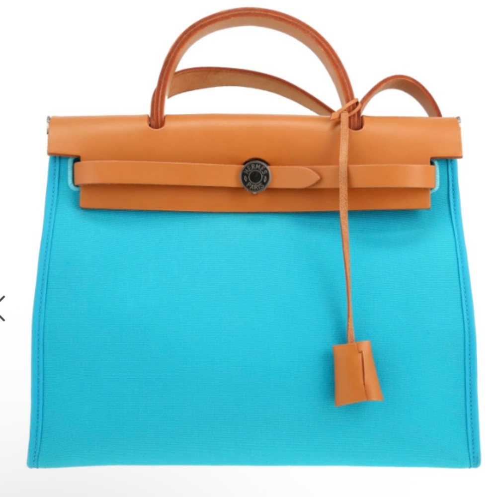 BN Hermès Herbag Zip 31 Verso in blue aztec toile and fauve vache hunter leather